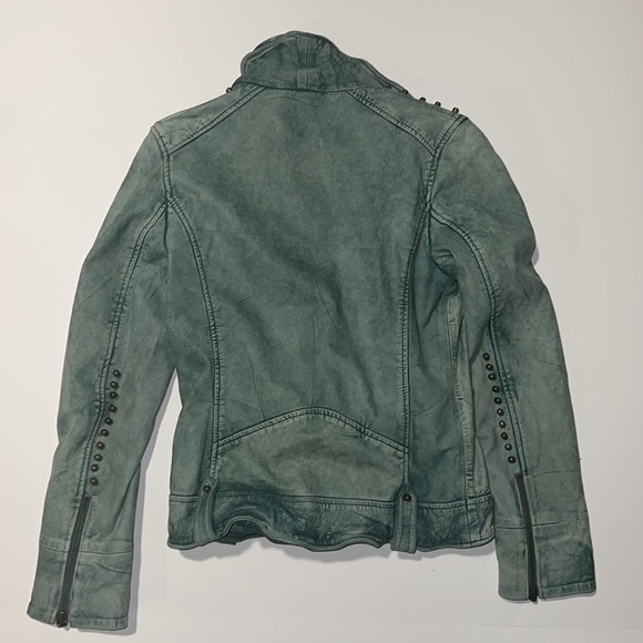 Soma Light Green Leather Jacket Zipped Sleeves and Blluebird Themed Lining - Picture 3 of 4